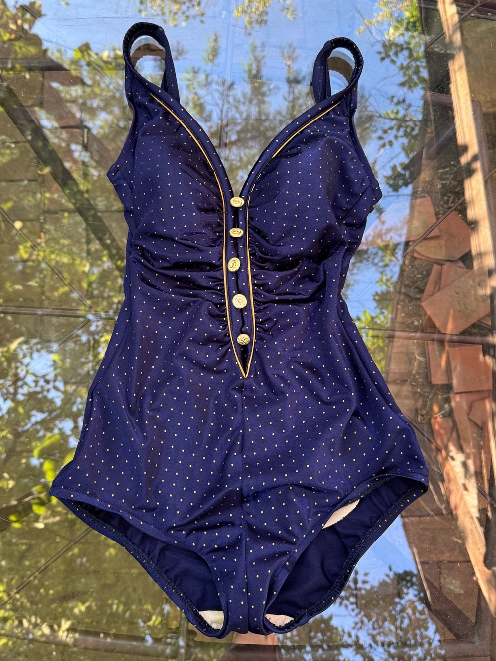 Vintage Longitude Navy One-Piece Swimsuit with Gold Accents
